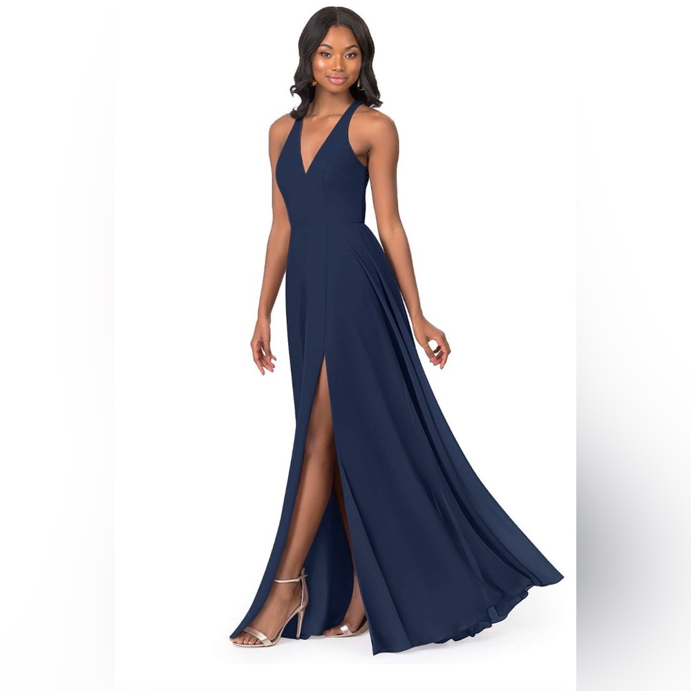 AZAZIE Amalfi- Size 4 A-Line Pleated Chiffon Floor-Length Dress Dark Navy